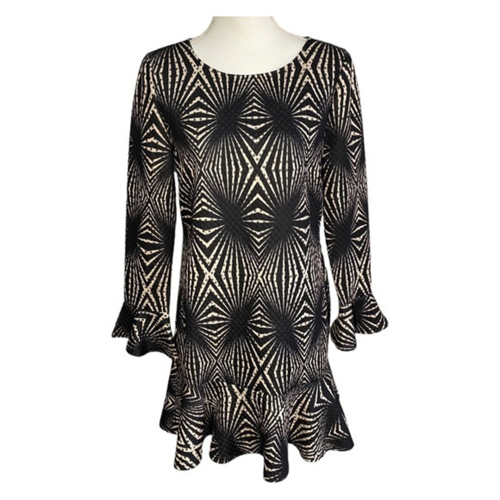 Aryeh Womens Large‎ Textured Fabric Flare Sleeves Retro Geometric Mini Dress